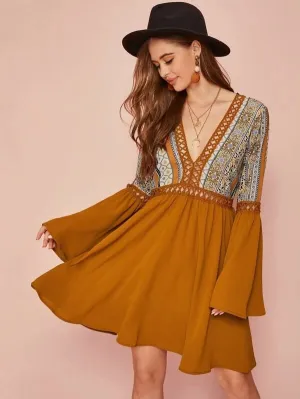 CM-DS025068 Women Trendy Seoul Style Plunge Neck Guipure Lace Insert Tribal Print Dress - Camel