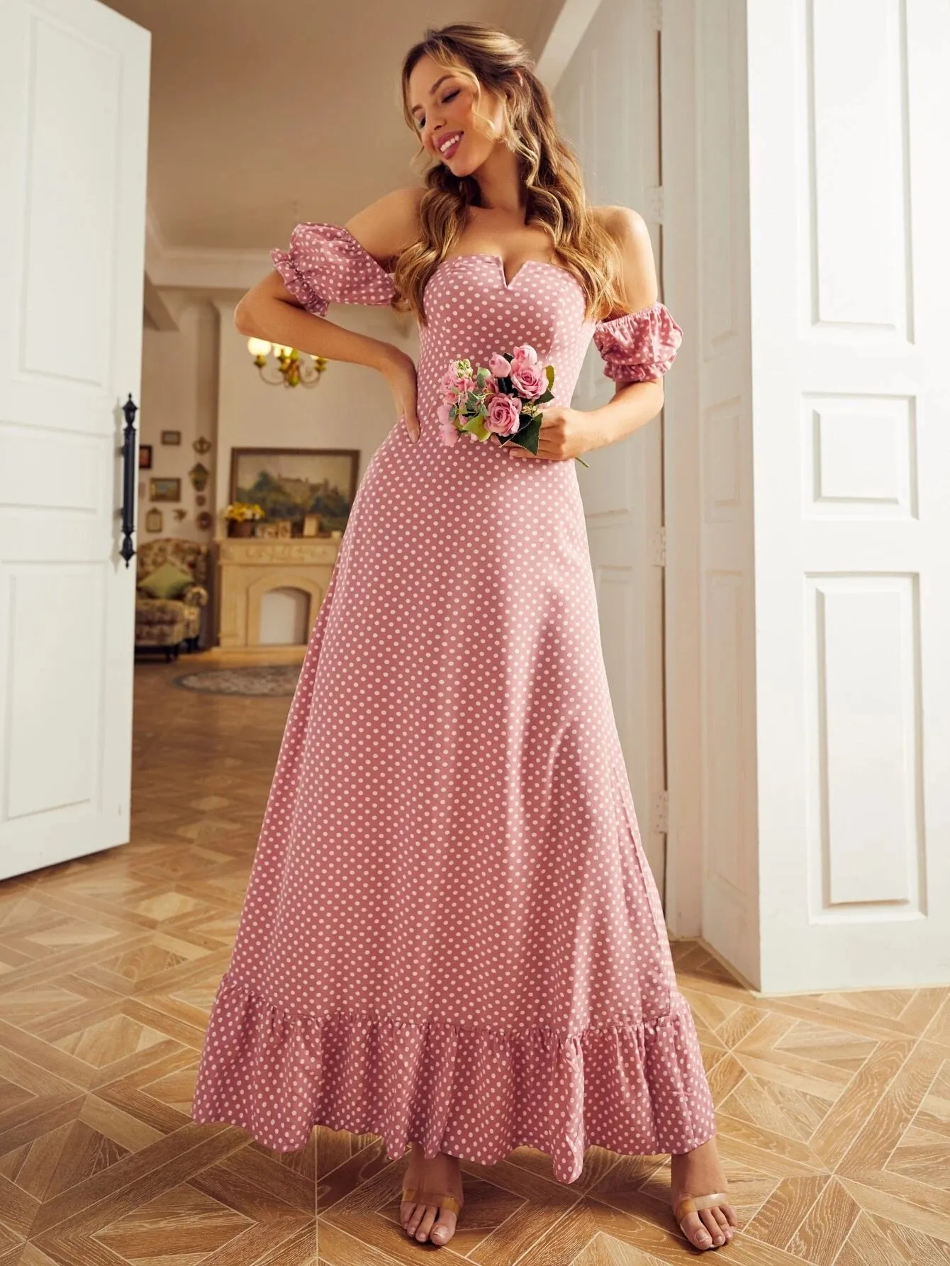 CM-DS075582 Women Trendy Bohemian Style Polka Dot Off Shoulder Ruffle Hem Dress