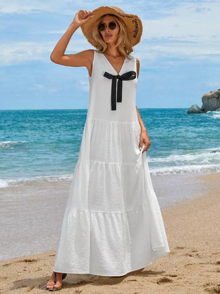 CM-DS111441 Women Trendy Bohemian Style Sleeveless V-Neck Bowknot Tie Multi-Layer Splicing Long Dress