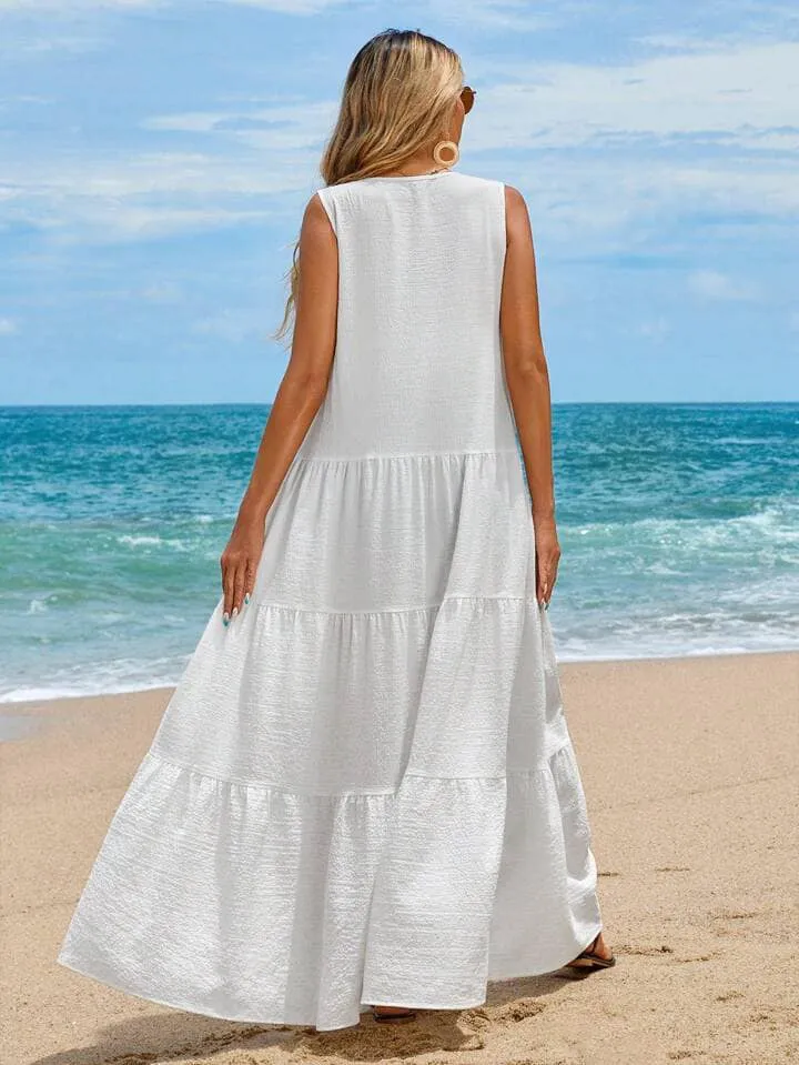 CM-DS111441 Women Trendy Bohemian Style Sleeveless V-Neck Bowknot Tie Multi-Layer Splicing Long Dress