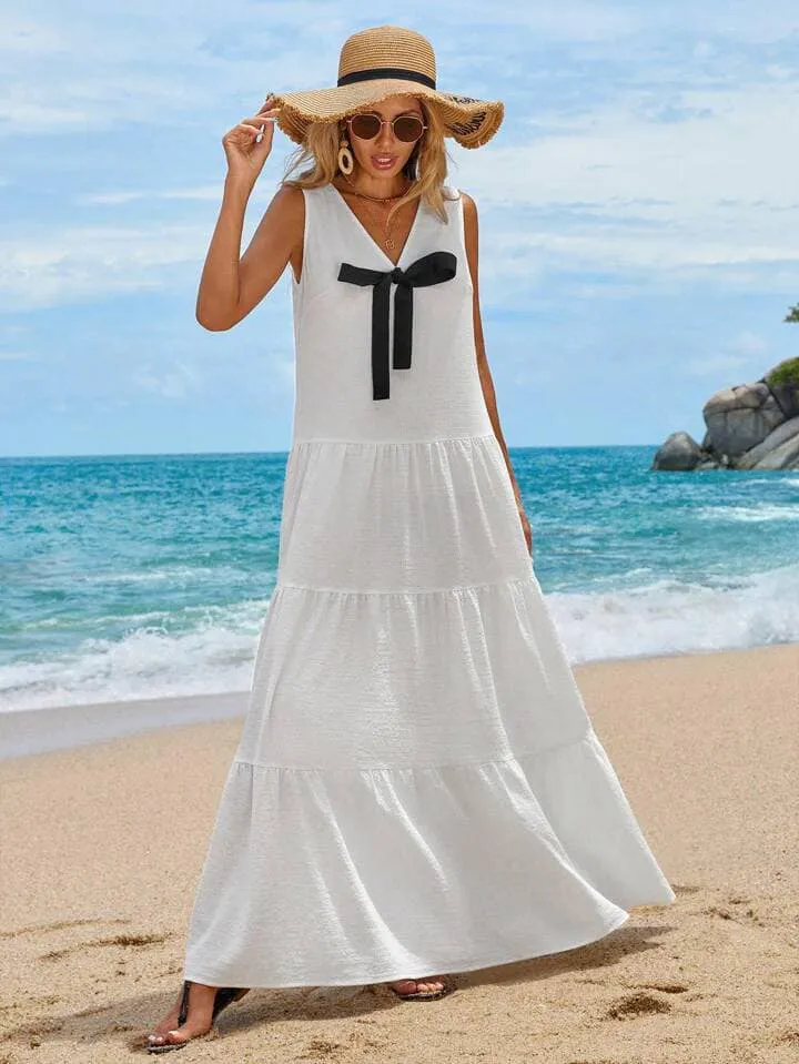 CM-DS111441 Women Trendy Bohemian Style Sleeveless V-Neck Bowknot Tie Multi-Layer Splicing Long Dress