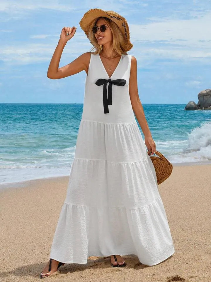 CM-DS111441 Women Trendy Bohemian Style Sleeveless V-Neck Bowknot Tie Multi-Layer Splicing Long Dress