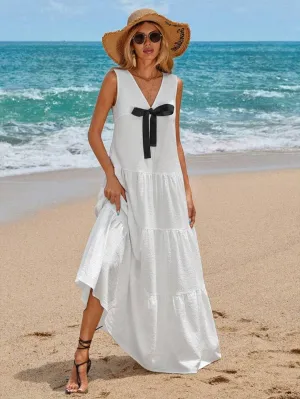 CM-DS111441 Women Trendy Bohemian Style Sleeveless V-Neck Bowknot Tie Multi-Layer Splicing Long Dress