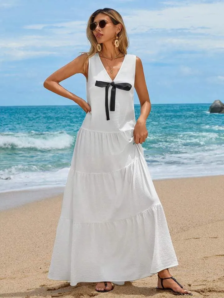CM-DS111441 Women Trendy Bohemian Style Sleeveless V-Neck Bowknot Tie Multi-Layer Splicing Long Dress