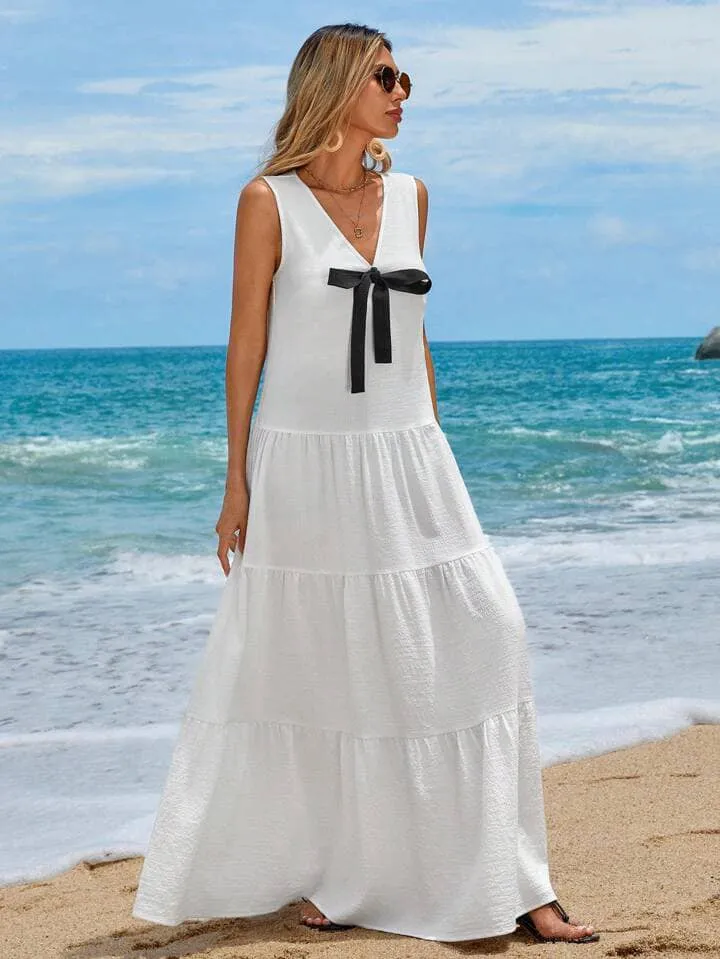 CM-DS111441 Women Trendy Bohemian Style Sleeveless V-Neck Bowknot Tie Multi-Layer Splicing Long Dress