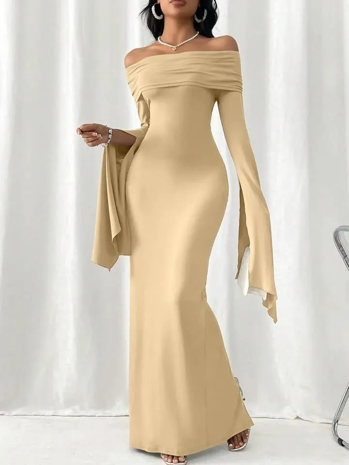 CM-DS119814 Women Elegant Seoul Style Off Shoulder Long Sleeve Bodycon Maxi Dress - Apricot