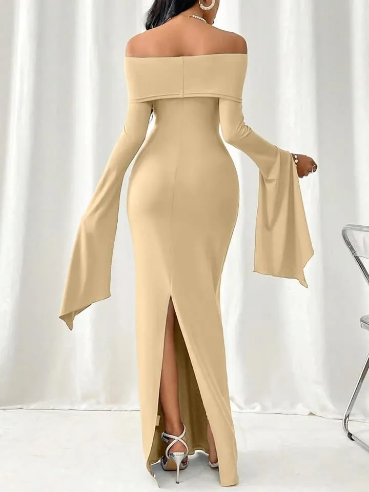 CM-DS119814 Women Elegant Seoul Style Off Shoulder Long Sleeve Bodycon Maxi Dress - Apricot
