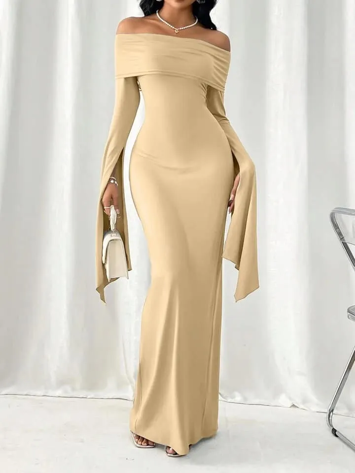 CM-DS119814 Women Elegant Seoul Style Off Shoulder Long Sleeve Bodycon Maxi Dress - Apricot
