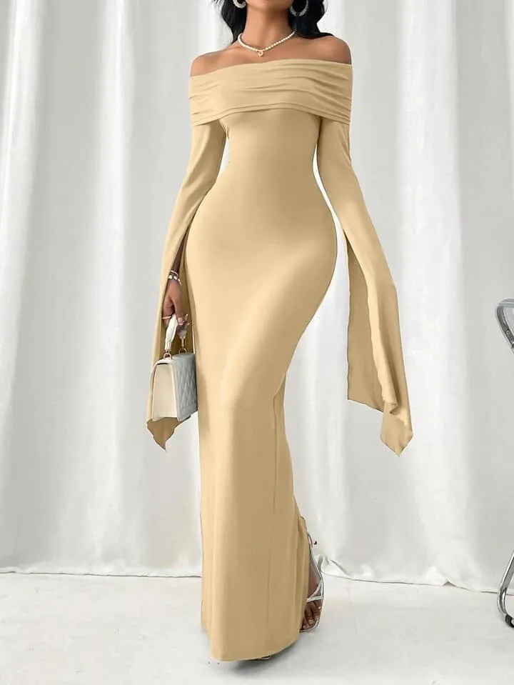 CM-DS119814 Women Elegant Seoul Style Off Shoulder Long Sleeve Bodycon Maxi Dress - Apricot