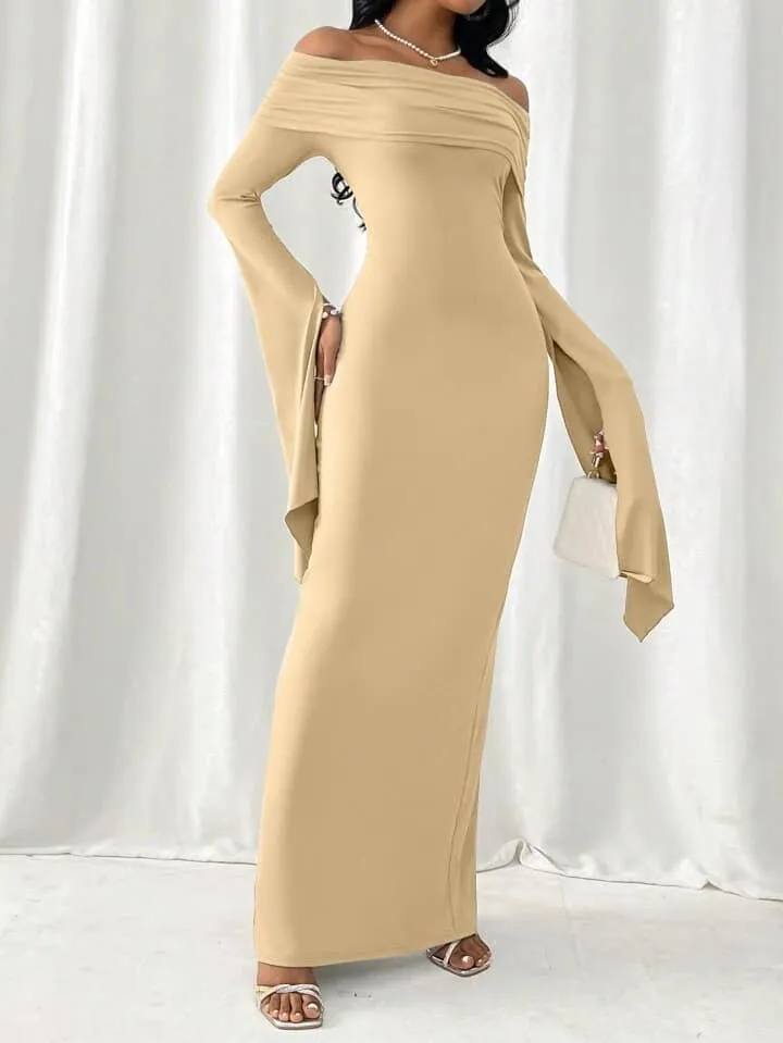CM-DS119814 Women Elegant Seoul Style Off Shoulder Long Sleeve Bodycon Maxi Dress - Apricot