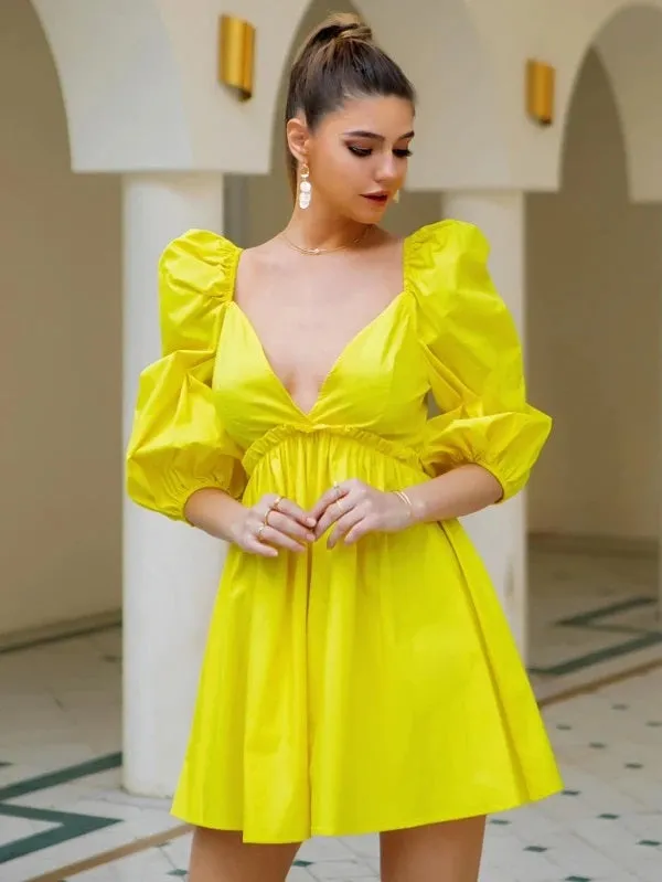 CM-DS127027 Women Elegant Seoul Style Lantern Sleeve Frill Trim Skater Dress - Yellow