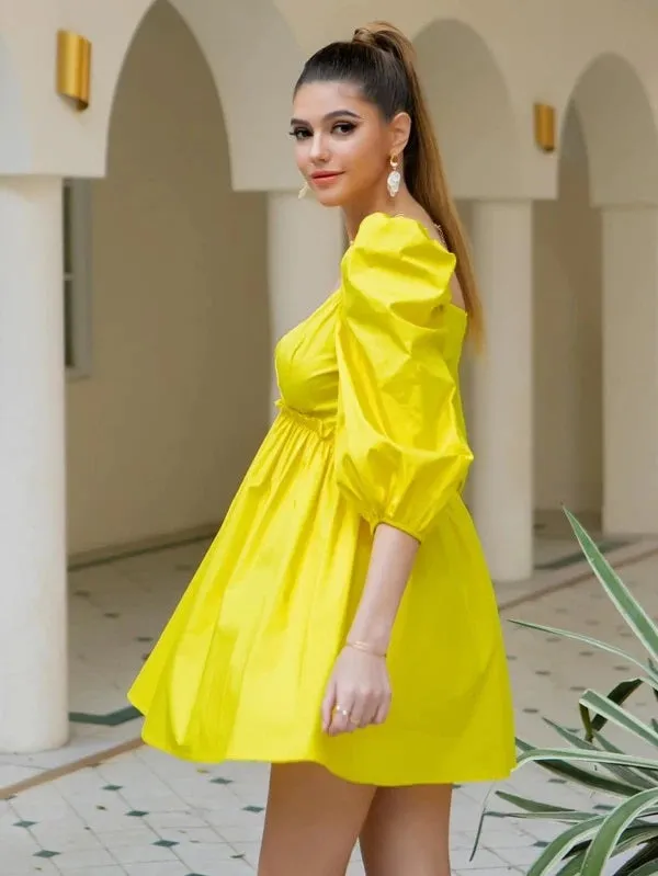 CM-DS127027 Women Elegant Seoul Style Lantern Sleeve Frill Trim Skater Dress - Yellow
