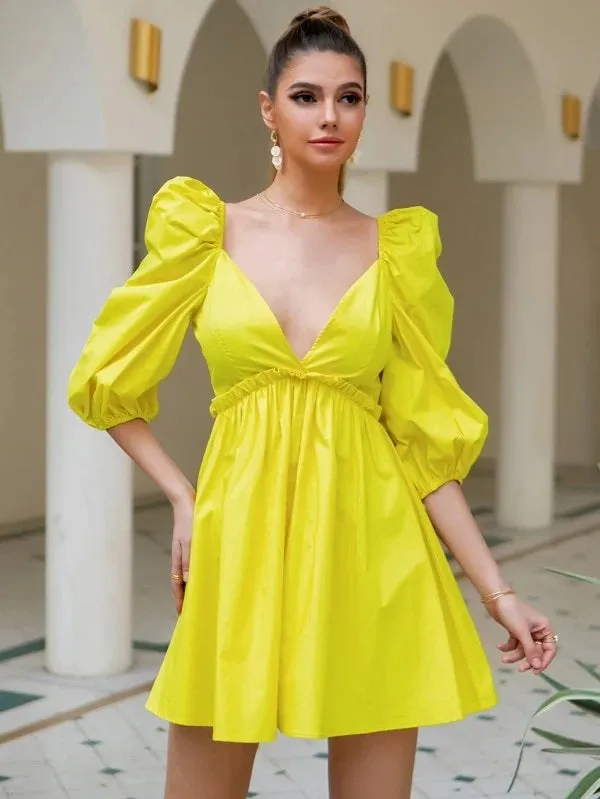 CM-DS127027 Women Elegant Seoul Style Lantern Sleeve Frill Trim Skater Dress - Yellow