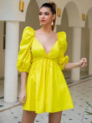 CM-DS127027 Women Elegant Seoul Style Lantern Sleeve Frill Trim Skater Dress - Yellow
