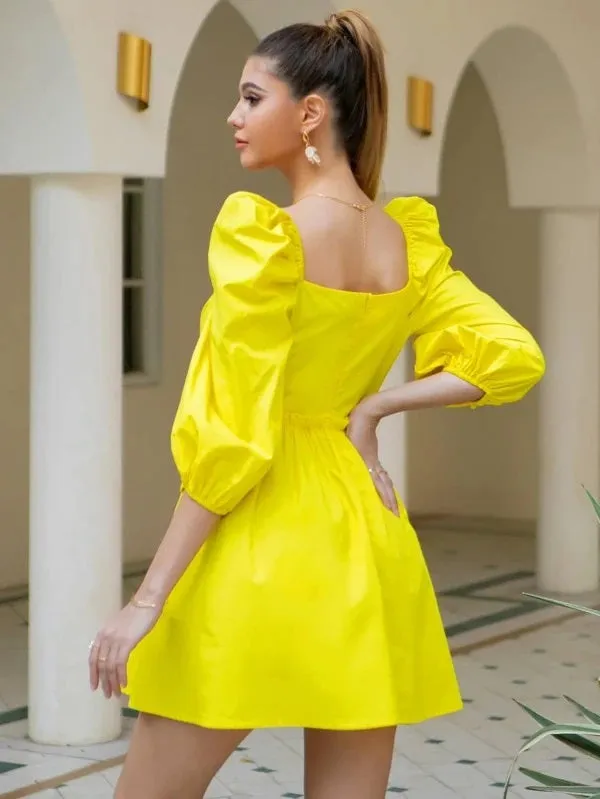 CM-DS127027 Women Elegant Seoul Style Lantern Sleeve Frill Trim Skater Dress - Yellow