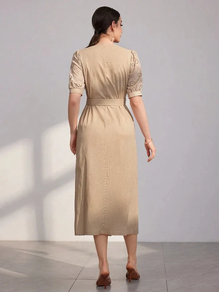 CM-DS145223 Women Casual Seoul Style Hollow Out Embroidery Puff Short Sleeve Shirt Dress - Khaki