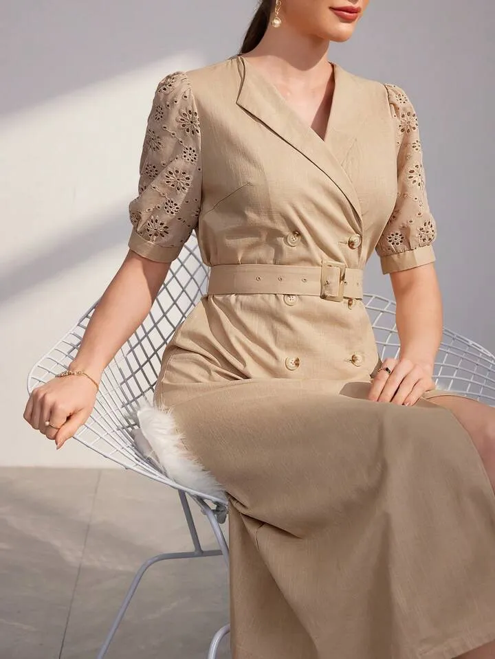 CM-DS145223 Women Casual Seoul Style Hollow Out Embroidery Puff Short Sleeve Shirt Dress - Khaki