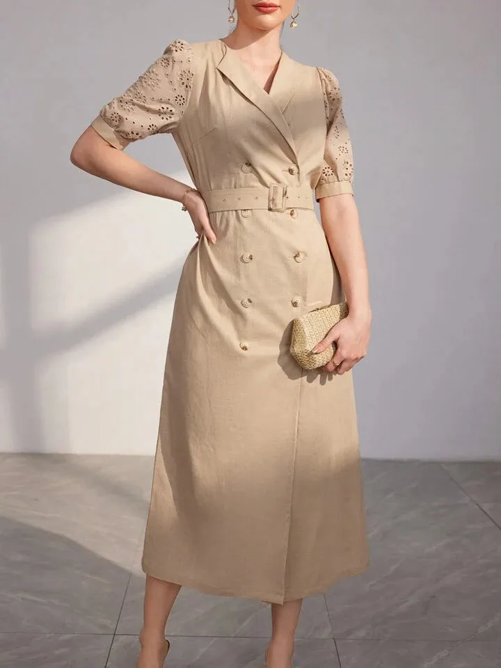 CM-DS145223 Women Casual Seoul Style Hollow Out Embroidery Puff Short Sleeve Shirt Dress - Khaki
