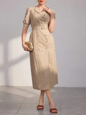 CM-DS145223 Women Casual Seoul Style Hollow Out Embroidery Puff Short Sleeve Shirt Dress - Khaki