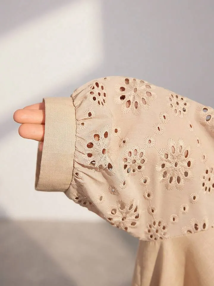CM-DS145223 Women Casual Seoul Style Hollow Out Embroidery Puff Short Sleeve Shirt Dress - Khaki