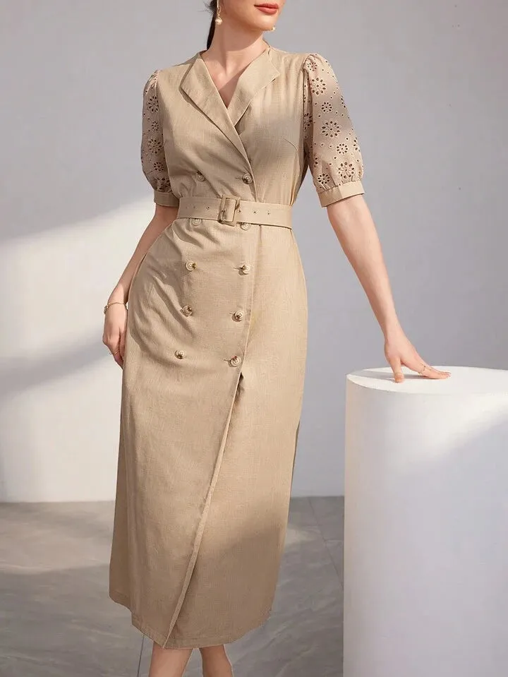 CM-DS145223 Women Casual Seoul Style Hollow Out Embroidery Puff Short Sleeve Shirt Dress - Khaki