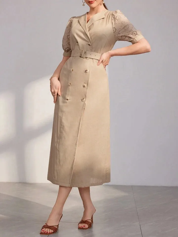 CM-DS145223 Women Casual Seoul Style Hollow Out Embroidery Puff Short Sleeve Shirt Dress - Khaki