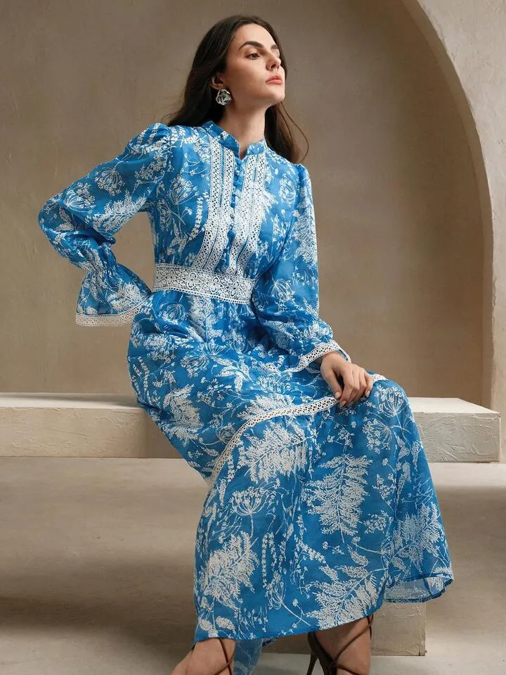 CM-DS146626 Women Elegant Seoul Style Stand Collar Long Sleeve Floral Print High Waist Flare Dress - Blue