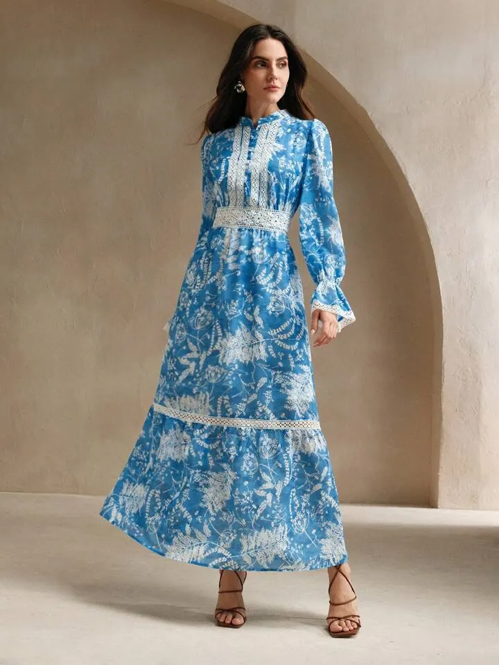 CM-DS146626 Women Elegant Seoul Style Stand Collar Long Sleeve Floral Print High Waist Flare Dress - Blue