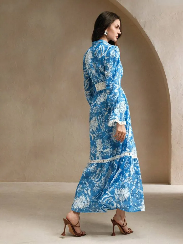 CM-DS146626 Women Elegant Seoul Style Stand Collar Long Sleeve Floral Print High Waist Flare Dress - Blue