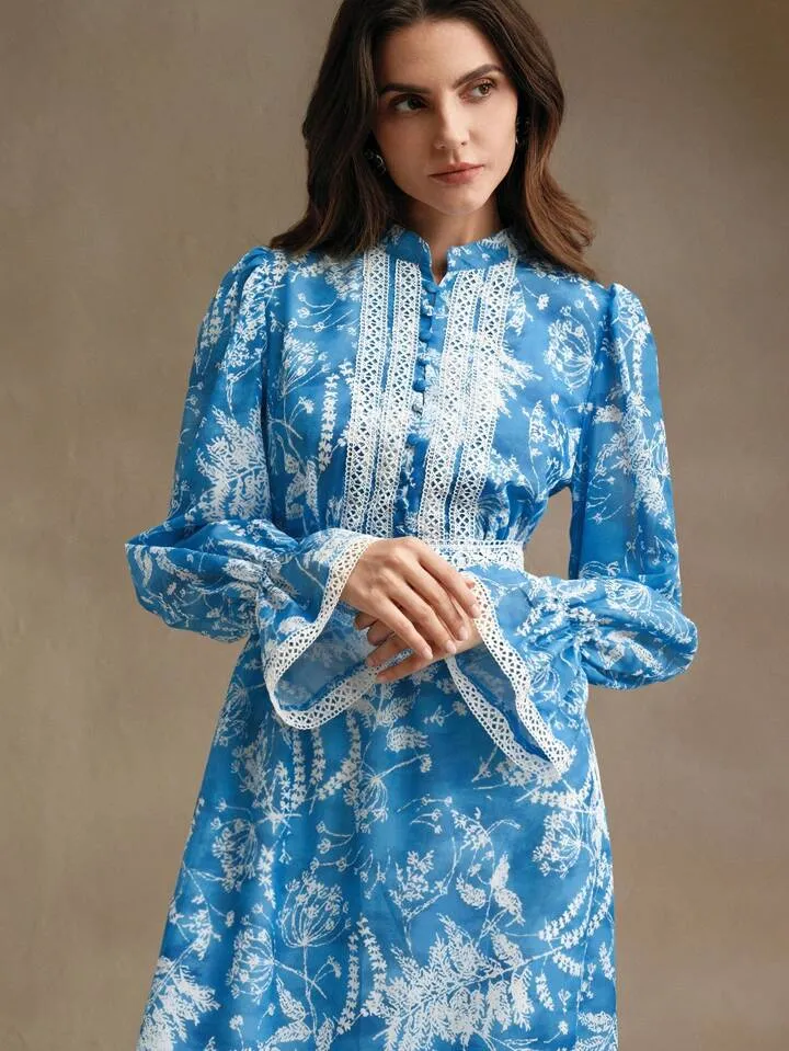 CM-DS146626 Women Elegant Seoul Style Stand Collar Long Sleeve Floral Print High Waist Flare Dress - Blue