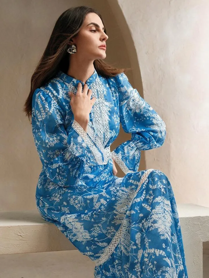 CM-DS146626 Women Elegant Seoul Style Stand Collar Long Sleeve Floral Print High Waist Flare Dress - Blue