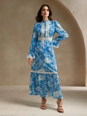 CM-DS146626 Women Elegant Seoul Style Stand Collar Long Sleeve Floral Print High Waist Flare Dress - Blue