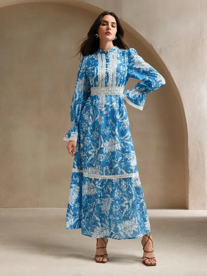CM-DS146626 Women Elegant Seoul Style Stand Collar Long Sleeve Floral Print High Waist Flare Dress - Blue