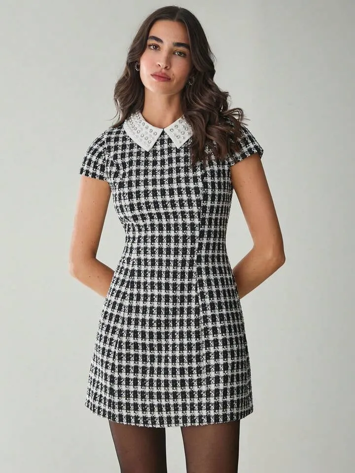 CM-DS151631 Women Elegant Seoul Style Houndstooth Contrast Collar Short Sleeve Mini Dress - Black