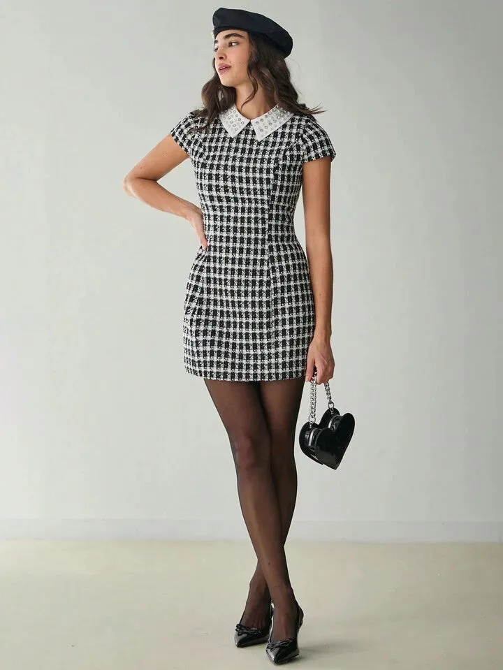 CM-DS151631 Women Elegant Seoul Style Houndstooth Contrast Collar Short Sleeve Mini Dress - Black
