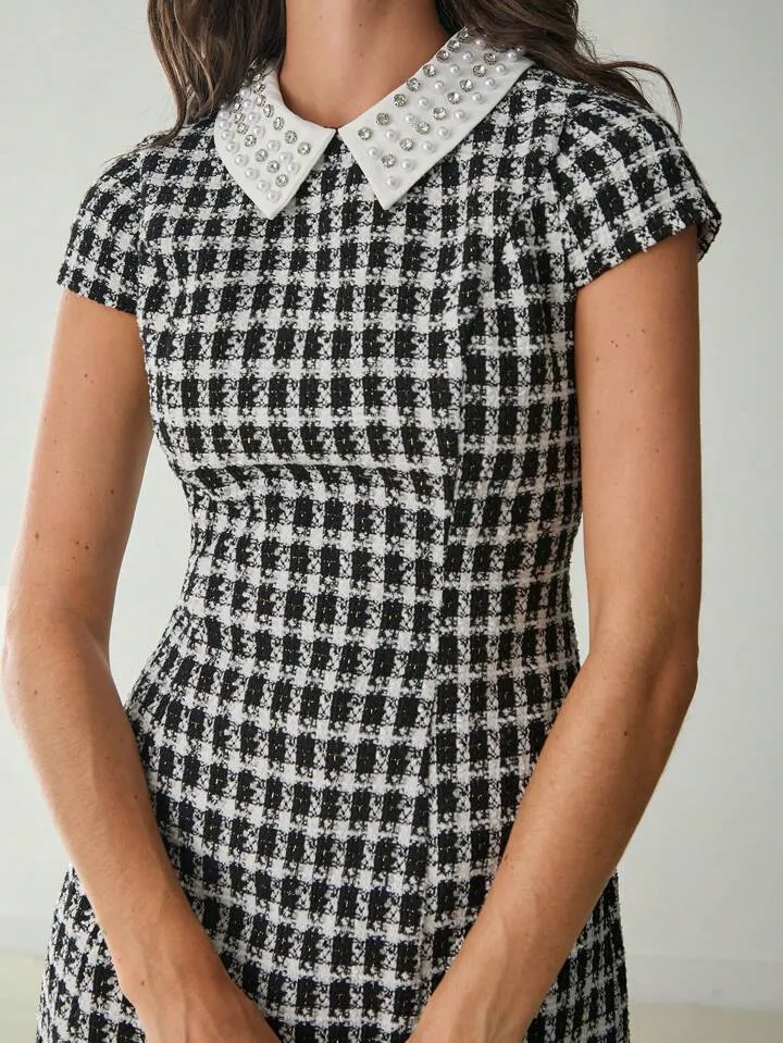 CM-DS151631 Women Elegant Seoul Style Houndstooth Contrast Collar Short Sleeve Mini Dress - Black