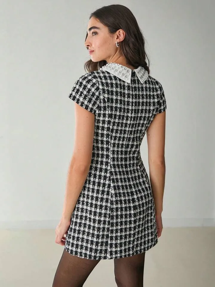 CM-DS151631 Women Elegant Seoul Style Houndstooth Contrast Collar Short Sleeve Mini Dress - Black