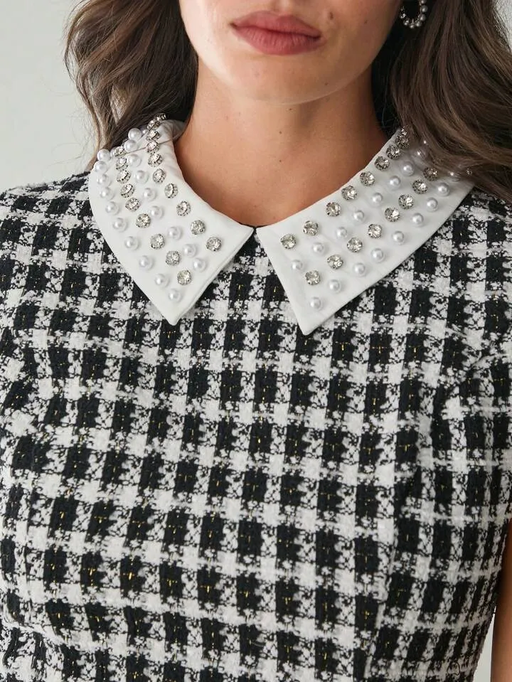 CM-DS151631 Women Elegant Seoul Style Houndstooth Contrast Collar Short Sleeve Mini Dress - Black