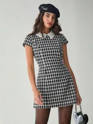 CM-DS151631 Women Elegant Seoul Style Houndstooth Contrast Collar Short Sleeve Mini Dress - Black