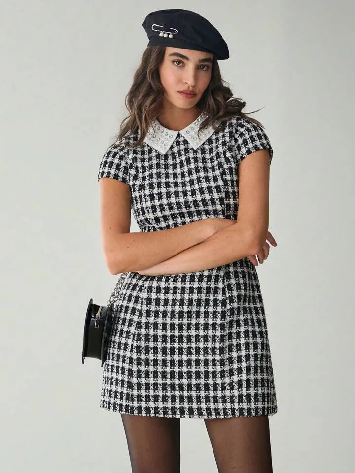 CM-DS151631 Women Elegant Seoul Style Houndstooth Contrast Collar Short Sleeve Mini Dress - Black