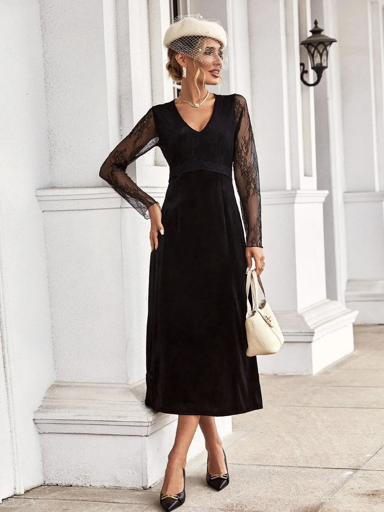 CM-DS220102 Women Elegant Seoul Style Contrast Lace V-Neck Velvet Dress - Black