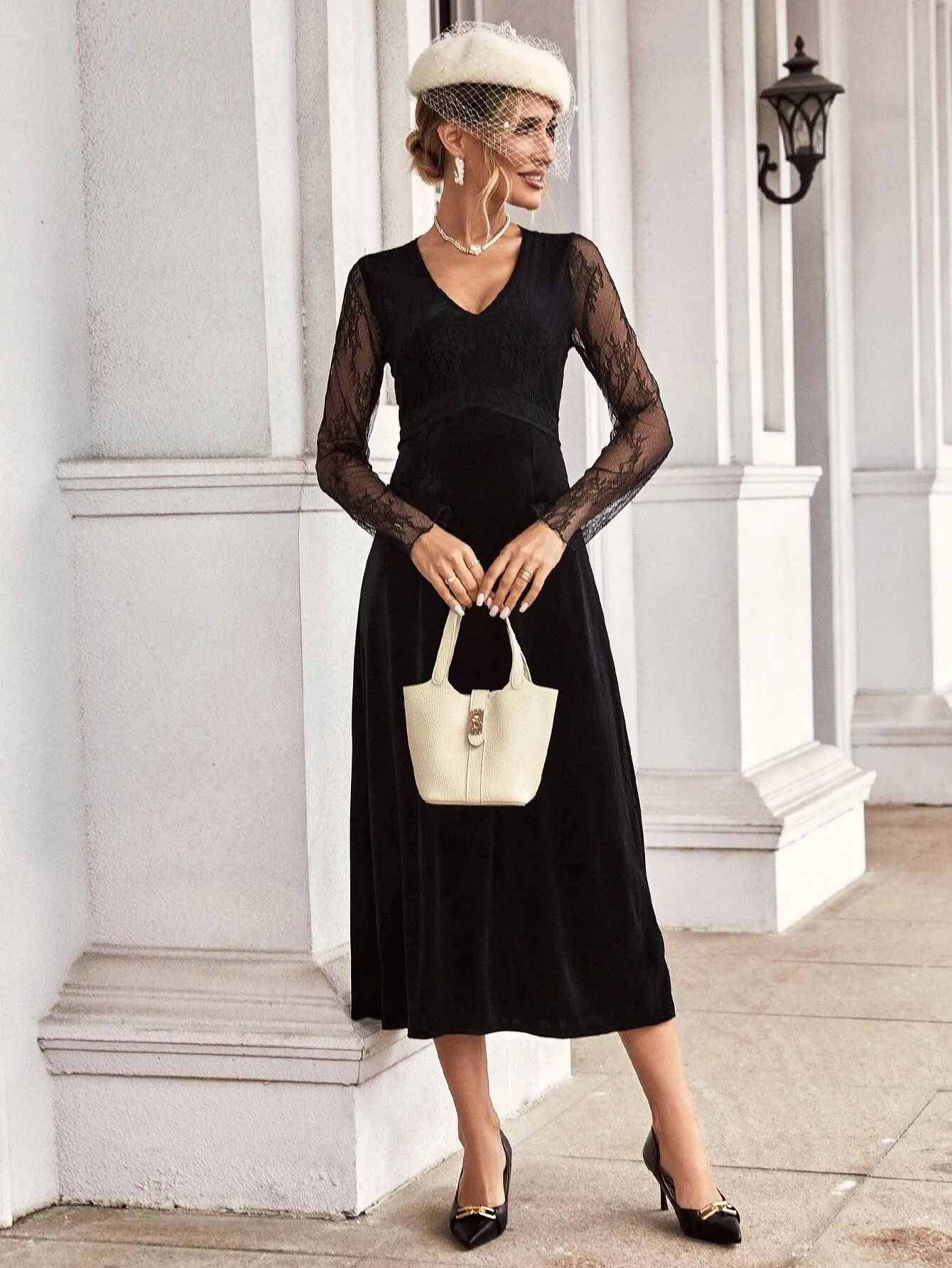 CM-DS220102 Women Elegant Seoul Style Contrast Lace V-Neck Velvet Dress - Black