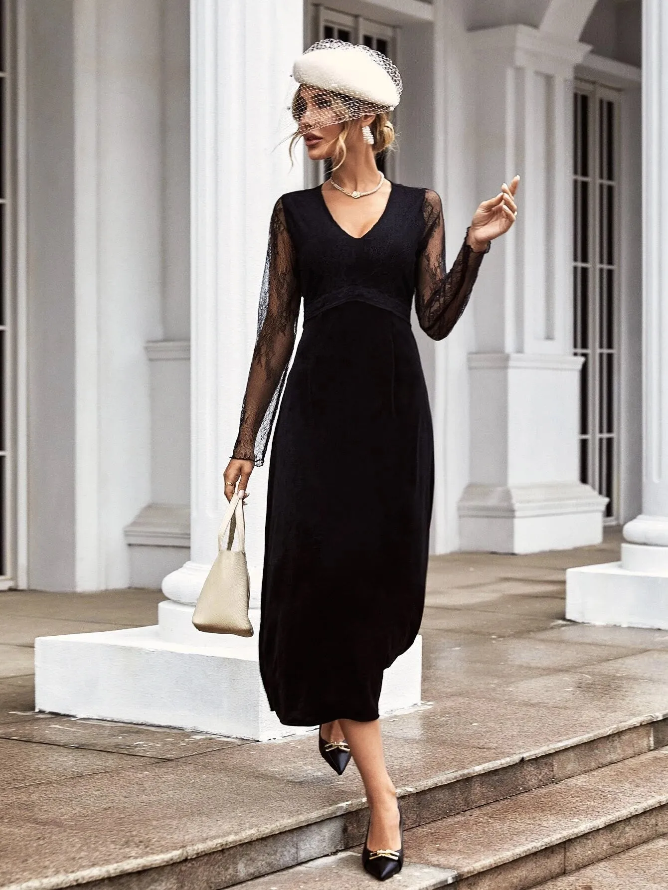 CM-DS220102 Women Elegant Seoul Style Contrast Lace V-Neck Velvet Dress - Black