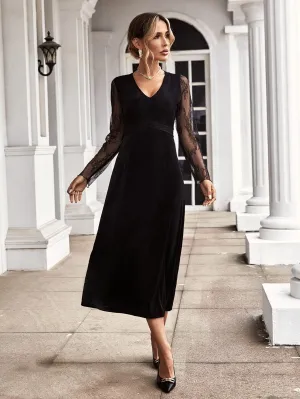 CM-DS220102 Women Elegant Seoul Style Contrast Lace V-Neck Velvet Dress - Black