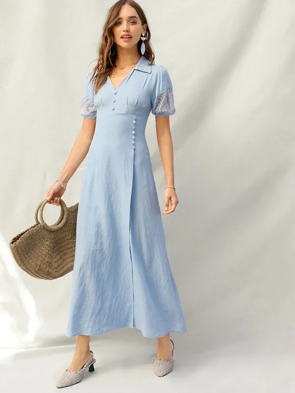 CM-DS228059 Women Elegant Seoul Style Lace Insert Button Detail Split Dress - Blue