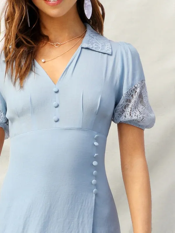 CM-DS228059 Women Elegant Seoul Style Lace Insert Button Detail Split Dress - Blue