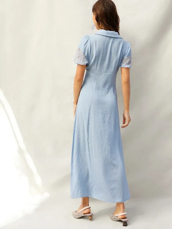 CM-DS228059 Women Elegant Seoul Style Lace Insert Button Detail Split Dress - Blue