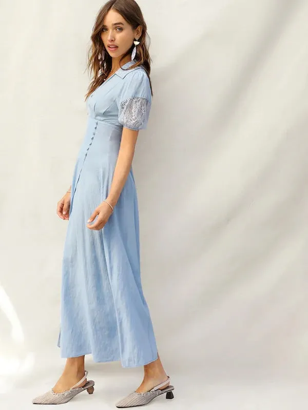CM-DS228059 Women Elegant Seoul Style Lace Insert Button Detail Split Dress - Blue