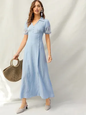 CM-DS228059 Women Elegant Seoul Style Lace Insert Button Detail Split Dress - Blue