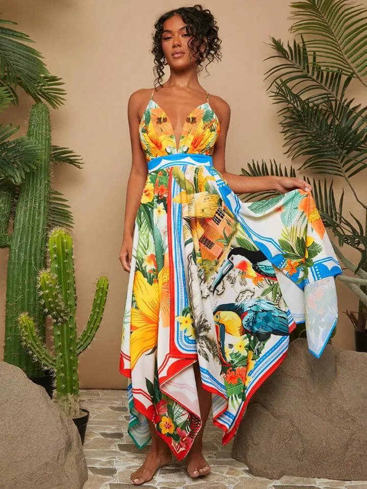 CM-DS269901 Women Trendy Bohemian Style Print Deep V-Neck Spaghetti Strap Asymmetric Hem Midi Dress